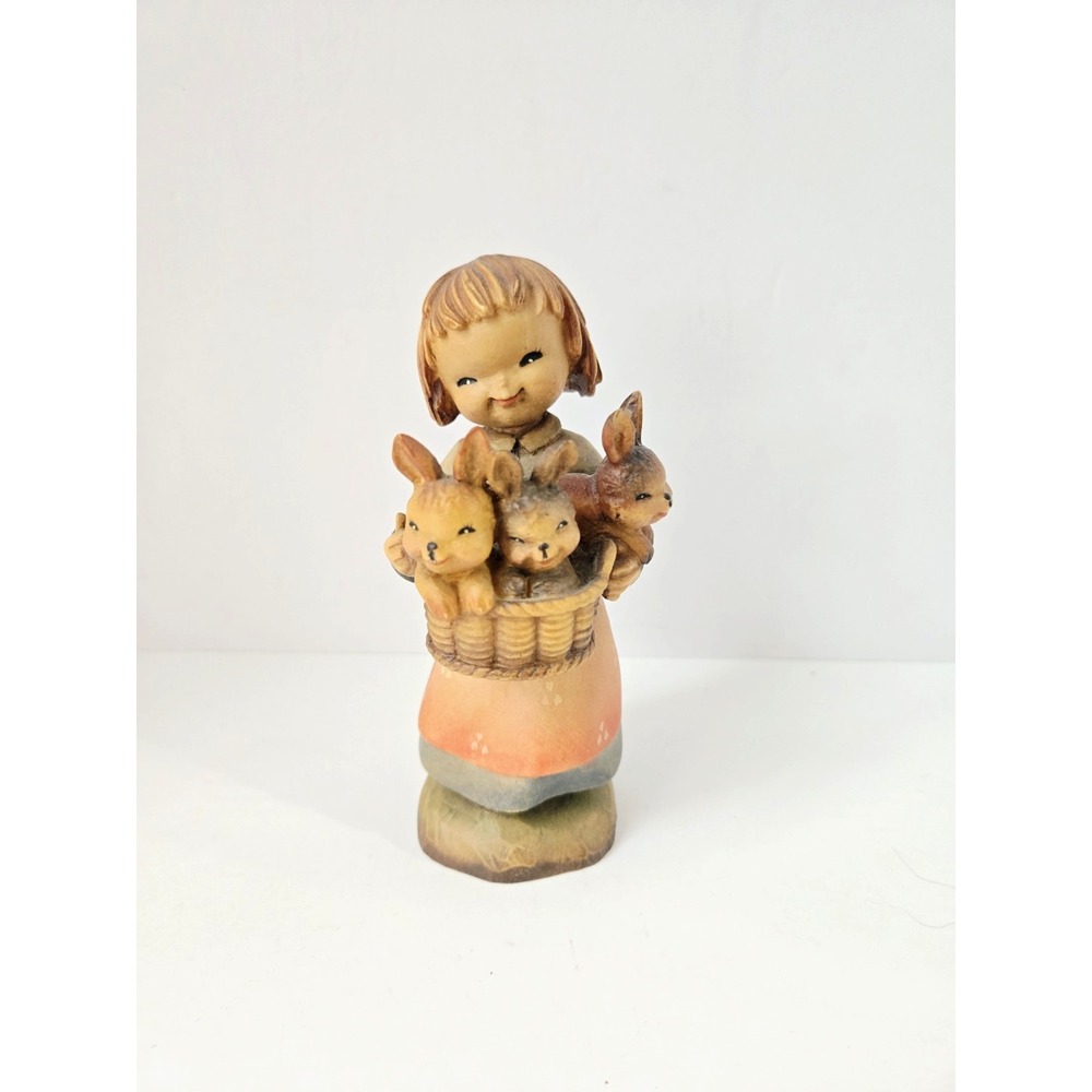 Anri wooden carved‎ figure girl rabbits 6" Italy bunnies 1094/1500 basket of joy